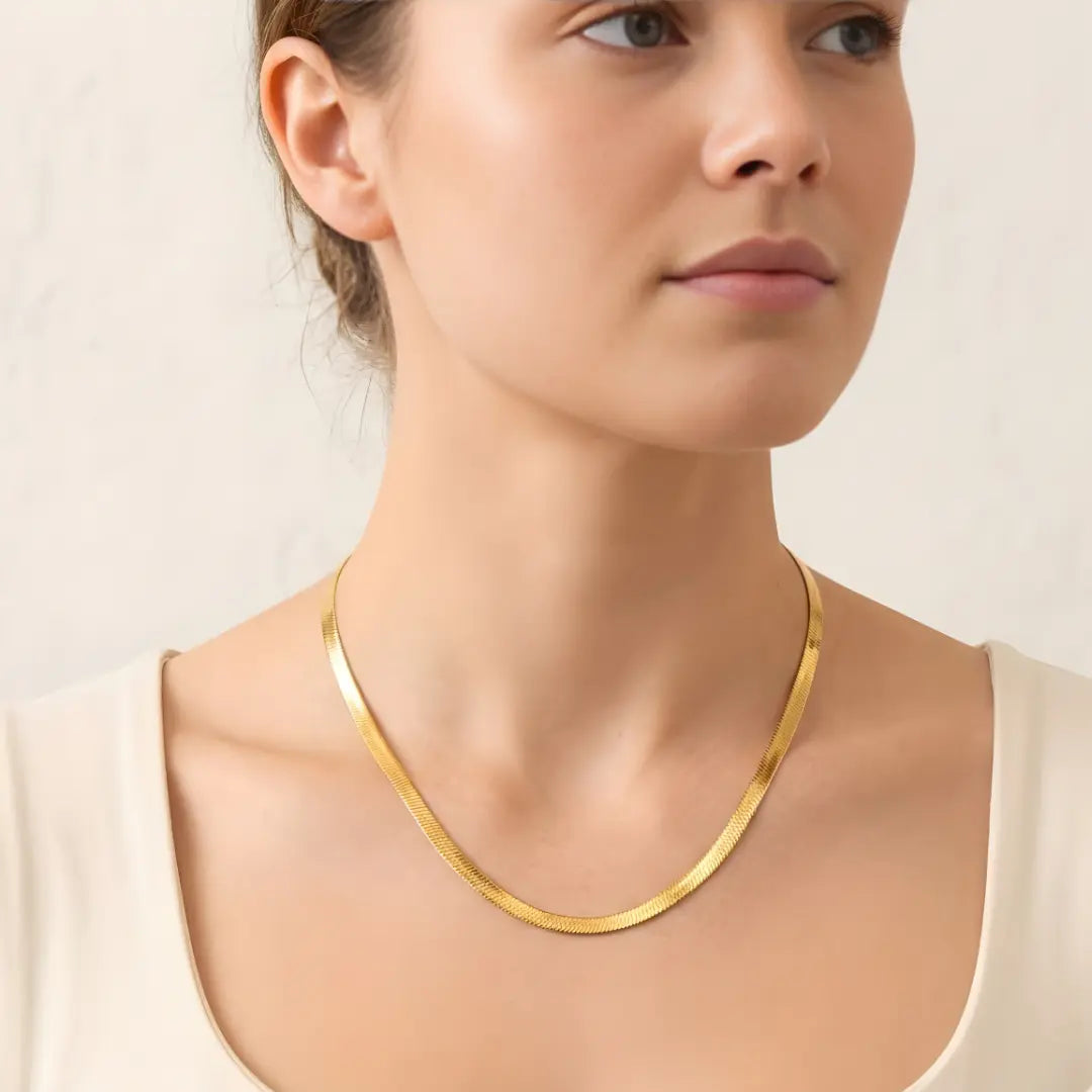 18K Gold Filled Herringbone Snake Chain Necklace – Sleek Flat Snake Chain for Women
